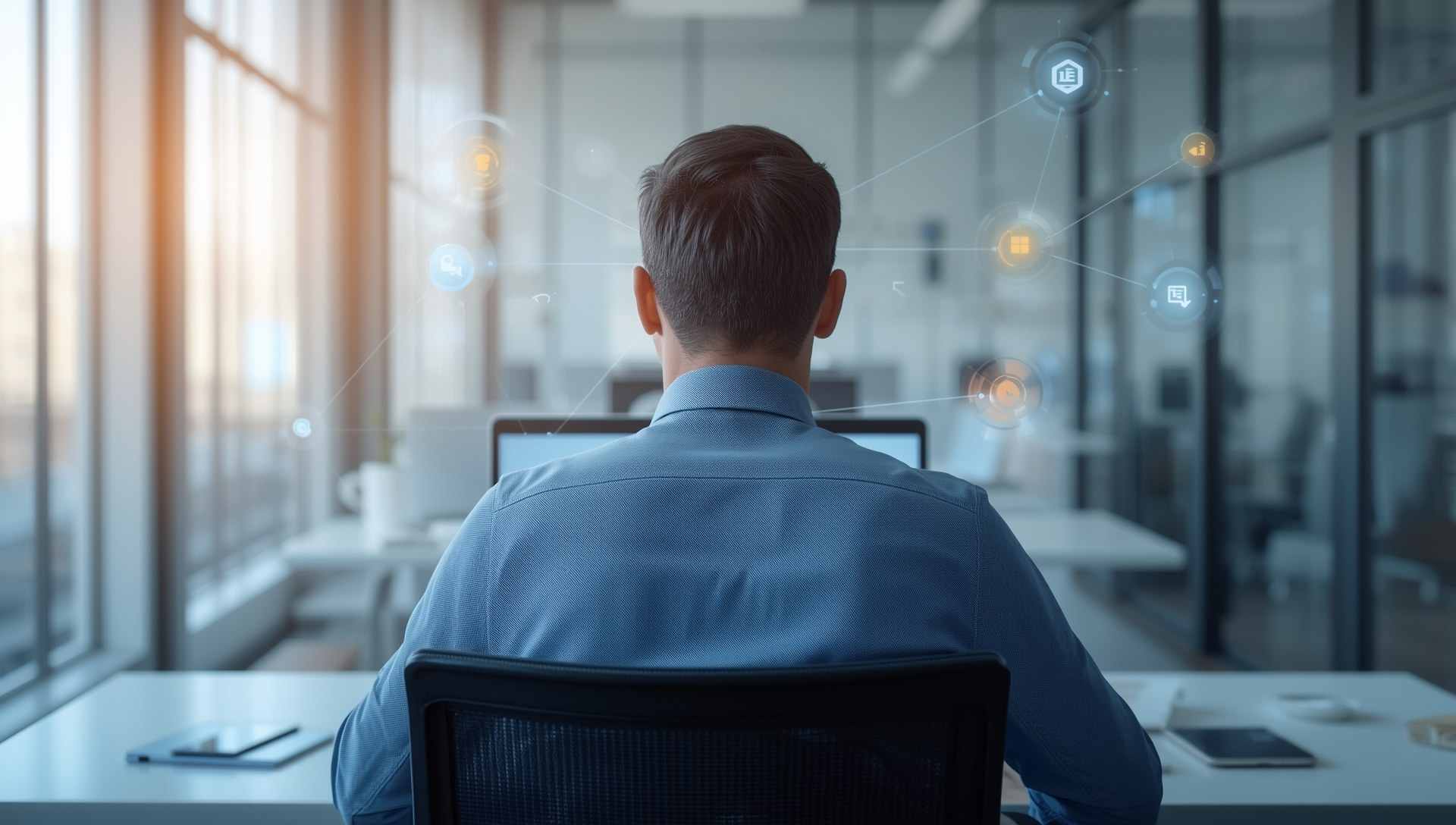 digitale-arbeitsprozesse-vernetzte-systeme-buero Fokussiertes Arbeiten an digitalen Systemen in einer vernetzten IT-Umgebung