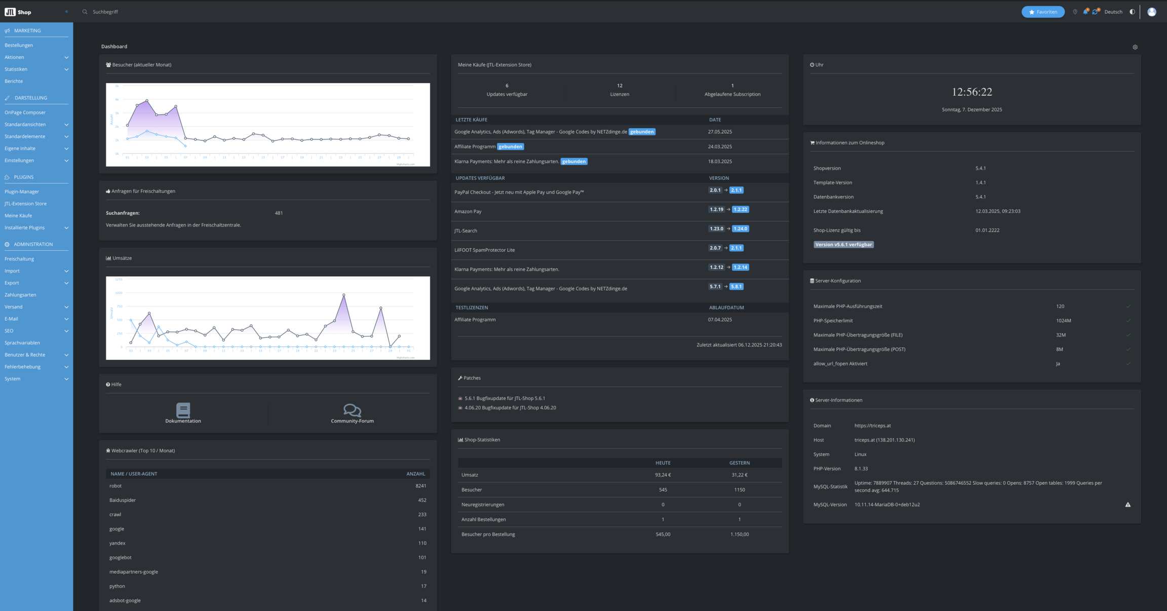Dashboard des JTL-Shops mit Verkaufsstatistiken, Besucherzahlen und Systemübersicht