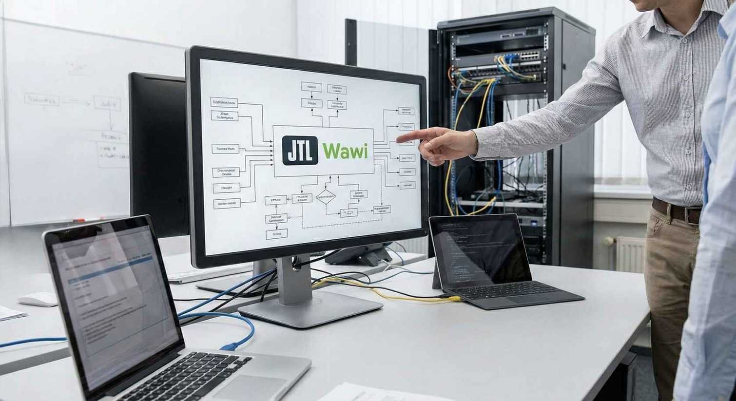 jtl-wawi-systemarchitektur-integration-workshop Übersicht einer JTL-Wawi-Schnittstellenarchitektur mit angebundenen Systemen und Datenflüssen