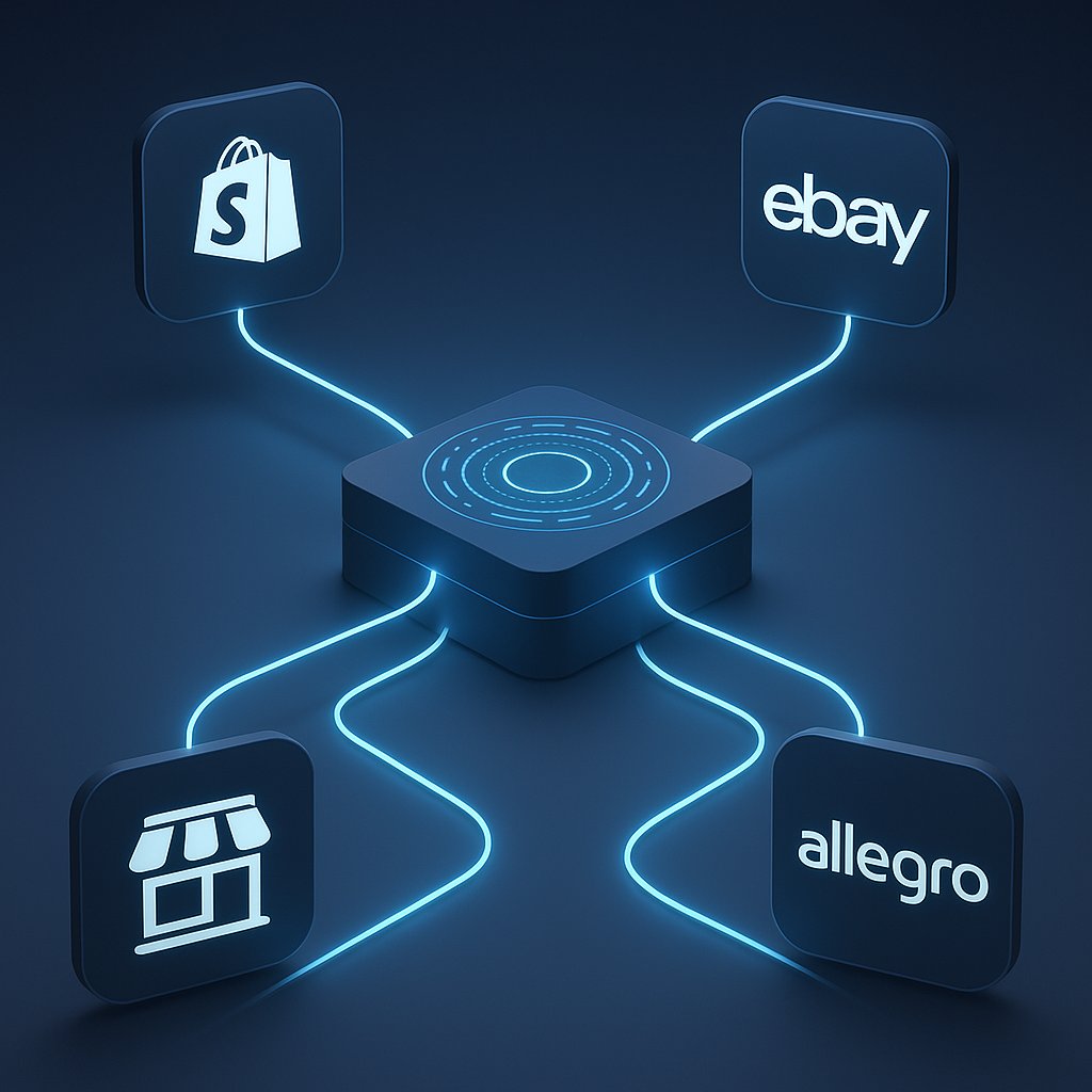 multi-kanal-marktplatz-anbindung Zentrale Baselinker-Anbindung mit verbundenen Marktplätzen wie Shopify, eBay und Allegro