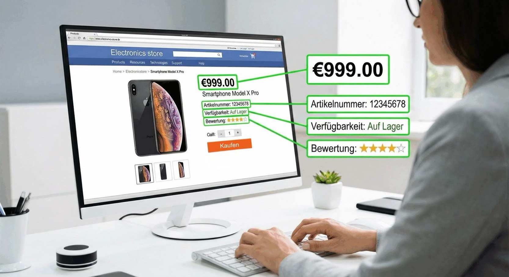 produktdetailseite-onlineshop-preis-verfuegbarkeit-bewertung Automatisierte Extraktion von Produktdaten wie Preis, Verfügbarkeit und Bewertung durch Web Scraping