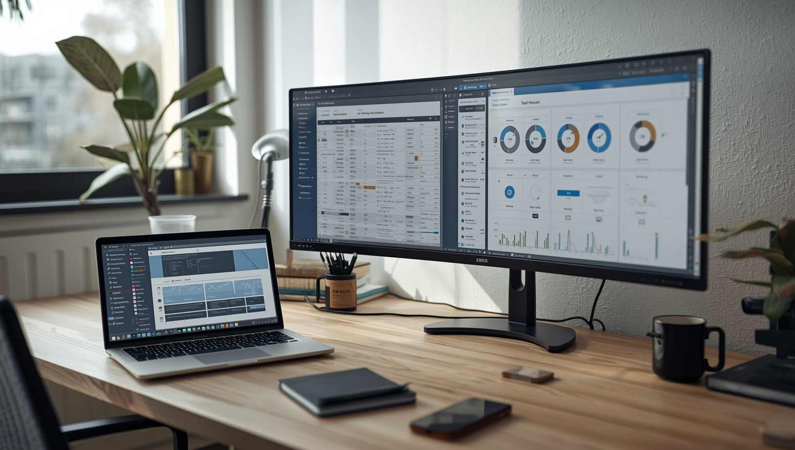 uebersicht-analyse-arbeitsplatz-ueberwachung-berichte Moderner Arbeitsplatz mit Dashboard-Übersichten zur Steuerung digitaler Prozesse