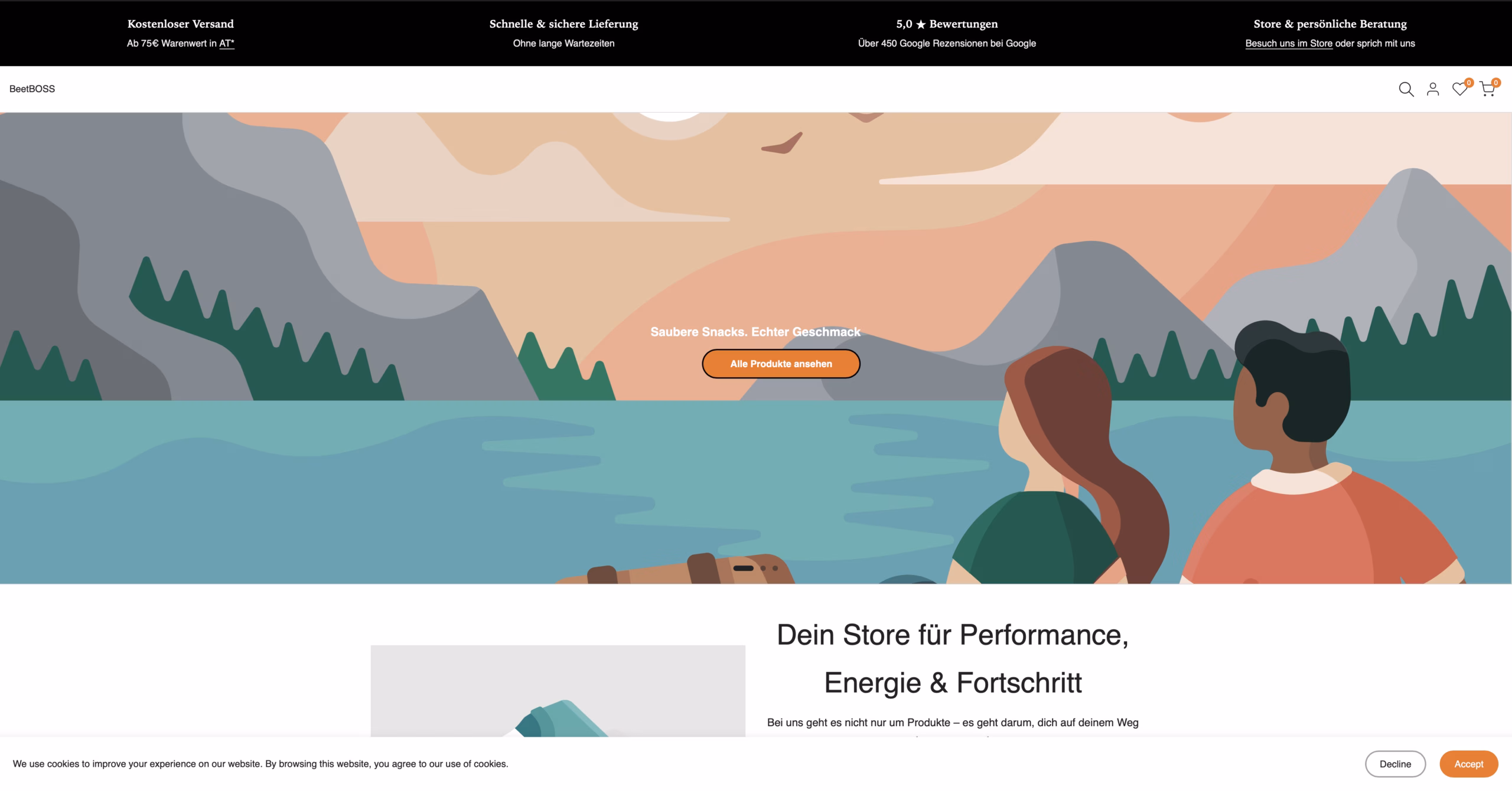 shopify-startseite-onlineshop-beispiel Shopify Startseite eines Onlineshops mit Hero-Banner und Produktübersicht